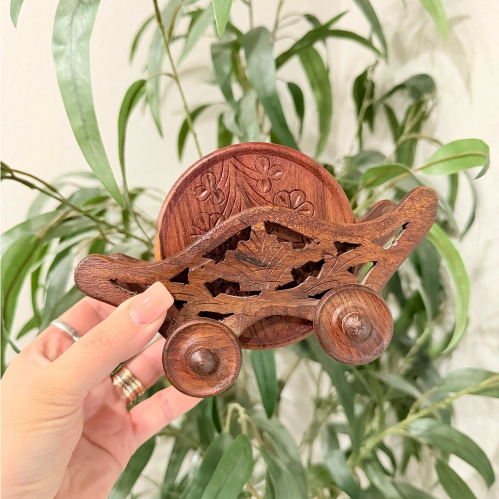 Hand-Carved Wooden Coaster Set with Rolling‎ Cart Holder